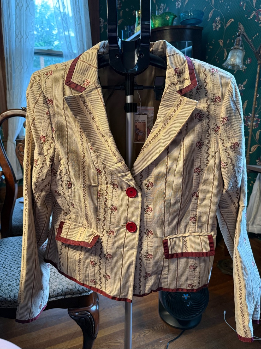 Vintage Women’s Johnny Cotton Beige Floral Striped Blazer with Red Trim NWT!